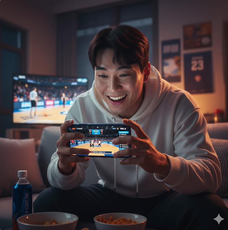 스마트폰으로 농구중계 보는 장면 스마트폰으로 농구중계 보는 장면