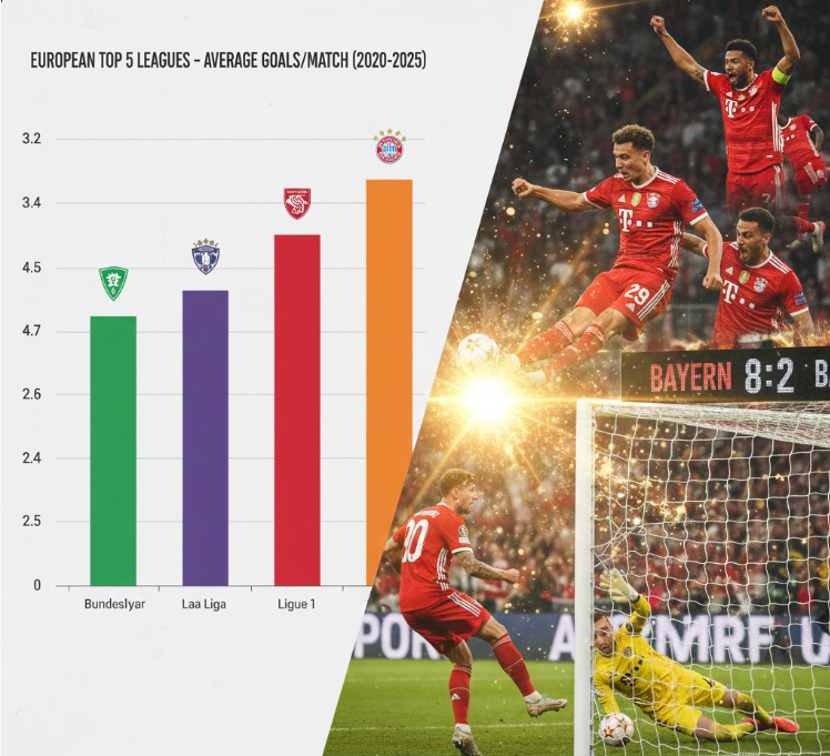 유럽 5대 리그 평균 득점 비교 막대그래프
