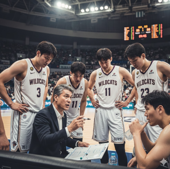
이 사진은 KBL 프로농구 경기 중 승리를 향한 집념과 고도의 긴장감이 감도는 작전 타임의 순간을 생생하게 포착했습니다.