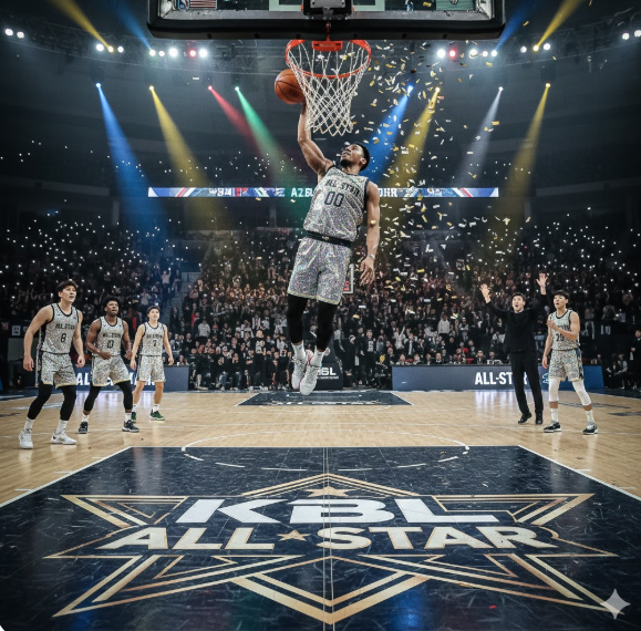 KBL 올스타전의 백미인 덩크 콘테스트 장면을 역동적으로 포착하여 프로농구 생중계의 화려한 볼거리를 상징적으로 보여줍니다.