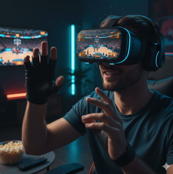 가상현실(VR) 기술을 활용한 미래형 농구 중계 시청 경험을 생동감 있게 묘사하고 있습니다.