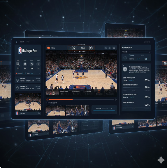 인공지능(AI) 기술과 결합하여 한층 진화한 NBA 리그 패스(League Pass)의 차세대 중계 인터페이스를 보여줍니다.
