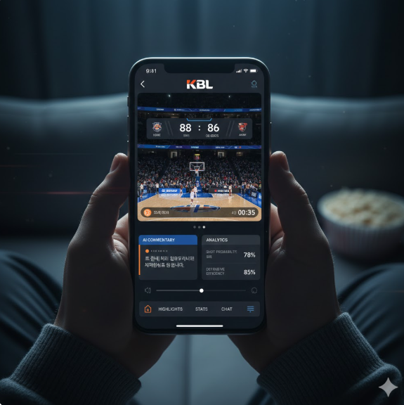 KBL(한국프로농구)의 미래형 모바일 중계 인터페이스를 스마트폰 화면을 통해 생생하게 구현한 모습입니다.