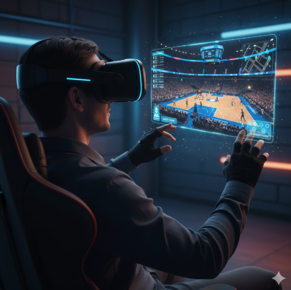 가상현실(VR)과 스트리밍 기술이 결합한 미래형 농구 생중계 데모 장면을 시각화하고 있습니다.