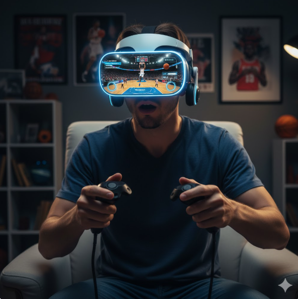 VR 헤드셋을 착용하고 경기장 한복판에 있는 듯한 생생한 현장감을 느끼는 팬의 모습을 통해, AI와 가상현실이 접목된 차세대 중계 기술의 정점을 보여줍니다.