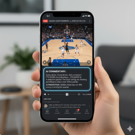 PC 화면 속 Reddit과 YouTube 인터페이스는 팬들이 실시간으로 의견을 나누며 경기를 즐기는 온라인 커뮤니티 문화를 반영하며, 모바일 앱의 AI 해설 화면은 사용자 맞춤형 데이터와 실시간 승률 예측이 제공되는 현대적 시청 환경을 잘 보여줍니다.