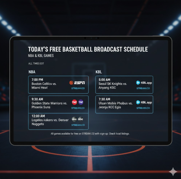 전 세계 주요 리그(NBA, KBL 등)의 로고 콜라주와 태블릿으로 보는 실시간 경기 일정표는 팬들이 언제 어디서든 무료 중계 플랫폼을 손쉽게 선택하고 스케줄을 확인할 수 있는 편리한 생태계를 보여줍니다. 