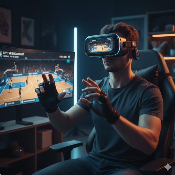 몰입형 경험: 사용자는 고급 VR 헤드셋과 햅틱 글러브를 착용하여, 단순히 경기를 보는 것을 넘어 마치 코트 위에 서 있는 듯한 현장감을 경험합니다. 몰입형 경험: 사용자는 고급 VR 헤드셋과 햅틱 글러브를 착용하여, 단순히 경기를 보는 것을 넘어 마치 코트 위에 서 있는 듯한 현장감을 경험합니다.