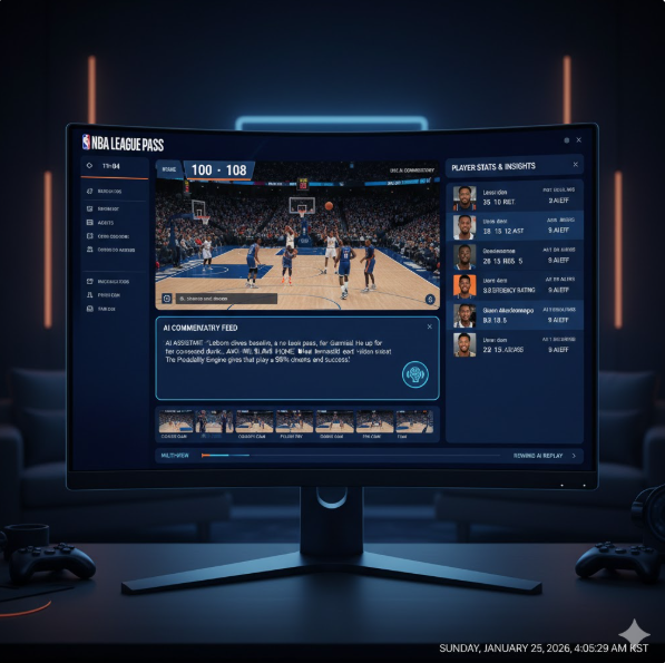 사용자 중심 UI: 하단의 멀티뷰 선택창과 AI 리플레이 기능은 시청자가 원하는 장면을 즉각적으로 다시 보거나 다양한 각도에서 경기를 즐길 수 있도록 돕습니다 사용자 중심 UI: 하단의 멀티뷰 선택창과 AI 리플레이 기능은 시청자가 원하는 장면을 즉각적으로 다시 보거나 다양한 각도에서 경기를 즐길 수 있도록 돕습니다