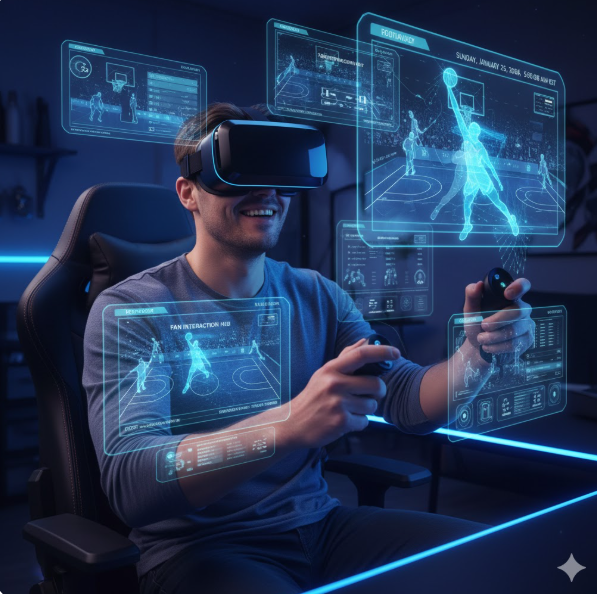 데이터와 가상 기술이 결합한 초연결 스포츠 중계의 미래를 잘 보여줍니다.