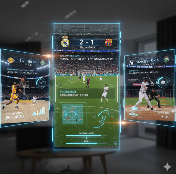 실시간 데이터 오버레이: 슛 성공률(Live Shooting Percentage)이나 선수 통계(Player Stats) 같은 복합적인 지표가 시각화되어, 별도의 검색 없이도 깊이 있는 경기 시청이 가능합니다.