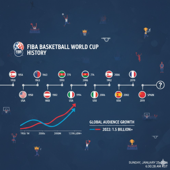 시작과 성장: 1950년 아르헨티나에서 열린 첫 대회를 기점으로 주요 우승국들의 국기와 연도가 나열되어 있습니다. 시작과 성장: 1950년 아르헨티나에서 열린 첫 대회를 기점으로 주요 우승국들의 국기와 연도가 나열되어 있습니다.
