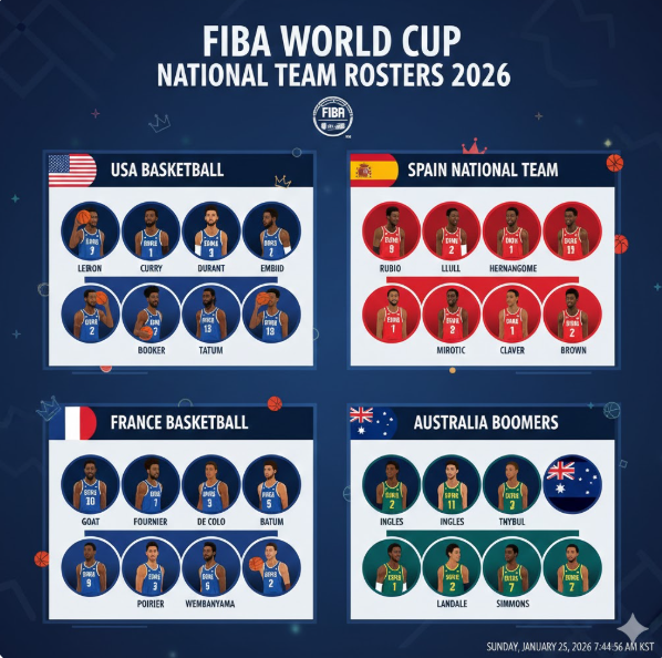 미국 (USA): 르브론 제임스, 스테픈 커리, 케빈 듀란트 등 전설적인 선수들과 함께 제이슨 테이텀, 데빈 부커 등 차세대 스타들이 포함된 강력한 로스터를 보여줍니다. 미국 (USA): 르브론 제임스, 스테픈 커리, 케빈 듀란트 등 전설적인 선수들과 함께 제이슨 테이텀, 데빈 부커 등 차세대 스타들이 포함된 강력한 로스터를 보여줍니다.