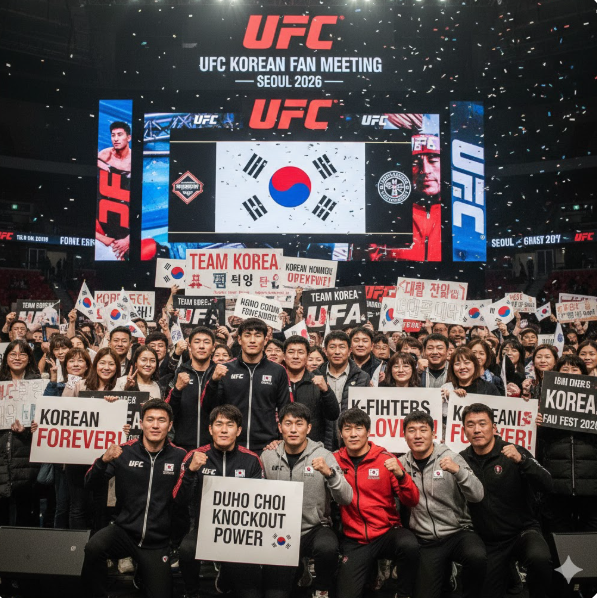 선수와 팬의 유대감: 화면 전면에는 한국 MMA의 상징인 정찬성, 최두호, 김동현을 비롯한 주요 파이터들이 팬들과 나란히 서서 밝은 표정으로 포즈를 취하고 있습니다. 이는 선수들이 팬들의 응원을 동력 삼아 옥타곤에서 싸우고 있음을 보여줍니다.