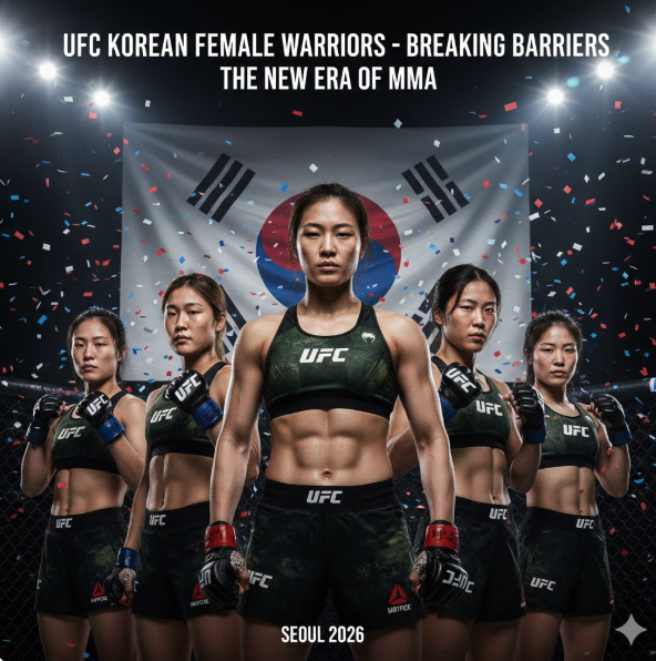 승리의 분위기: 배경의 대형 태극기와 화려하게 흩날리는 종이 가루는 함서희, 김지연 등 한국 여성 격투기의 선구자들이 일궈온 승리의 역사와 앞으로 펼쳐질 새로운 전성기를 축복하는 의미를 담고 있습니다.