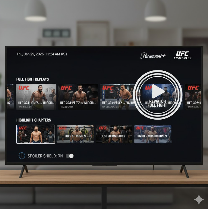 시청자가 결과를 미리 알지 못하도록 보호하는 'Spoiler Shield' 기능과 KO, 서브미션 등 주요 순간으로 즉시 이동할 수 있는 'Highlight Chapters' 기능이 돋보입니다 시청자가 결과를 미리 알지 못하도록 보호하는 'Spoiler Shield' 기능과 KO, 서브미션 등 주요 순간으로 즉시 이동할 수 있는 'Highlight Chapters' 기능이 돋보입니다
