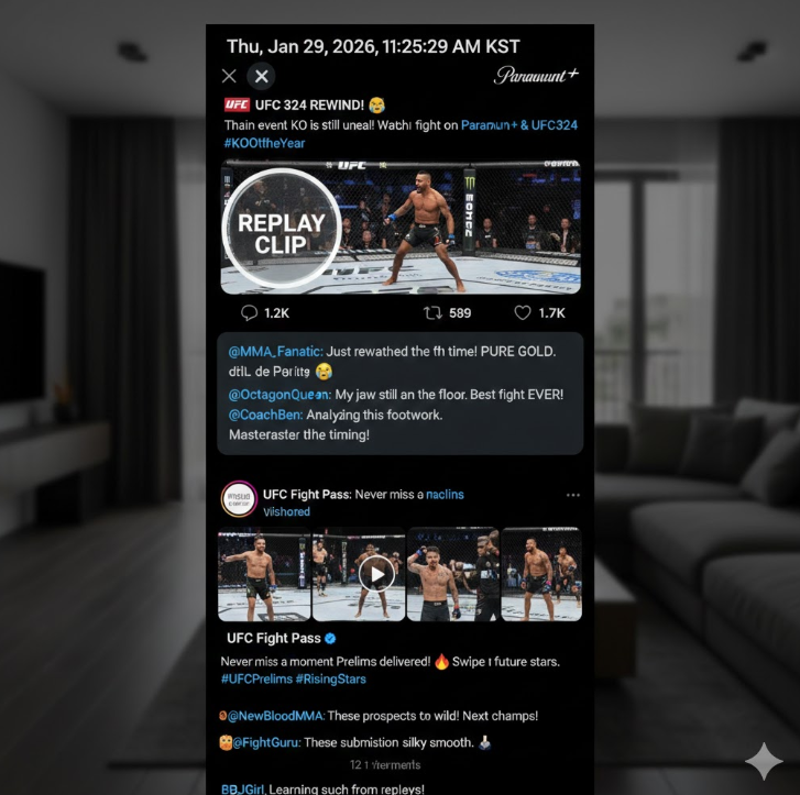 소셜 피드에서는 팬들이 재시청 클립을 공유하며 실시간으로 소통하는 모습이 담겨 있어, 다시보기가 UFC 팬덤의 참여와 토론을 이끄는 핵심 플랫폼임을 보여줍니다. 소셜 피드에서는 팬들이 재시청 클립을 공유하며 실시간으로 소통하는 모습이 담겨 있어, 다시보기가 UFC 팬덤의 참여와 토론을 이끄는 핵심 플랫폼임을 보여줍니다.