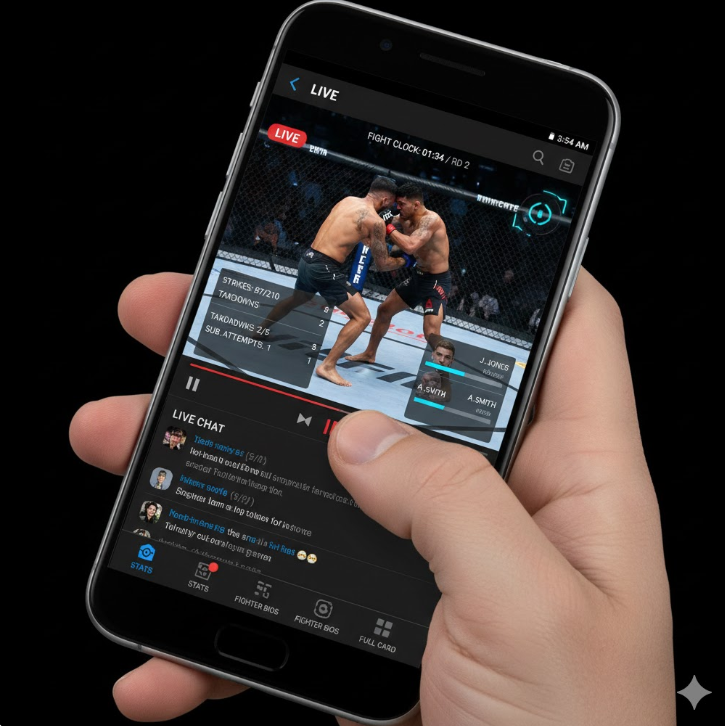 스마트폰 인터페이스 내 실시간 경기 통계(Strikes, Takedowns 등)와 라이브 채팅 기능을 직관적으로 보여줍니다