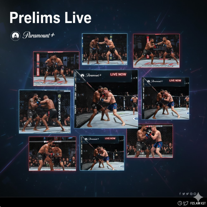 생생한 경기 현장: 4K 고화질로 구현된 파이터의 클로즈업 샷과 프릴림 경기의 주요 KO 장면 콜라주는 옥타곤의 긴장감을 생생하게 전달합니다