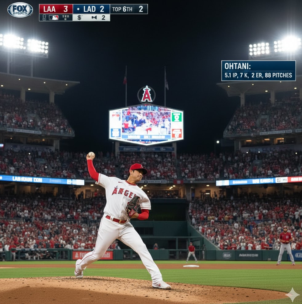 MLB 실시간 중계 장면으로 오타니가 피칭하는 순간. 스코어와 통계 오버레이, 미국 경기장 분위기가 느껴지는 역동적 이미지