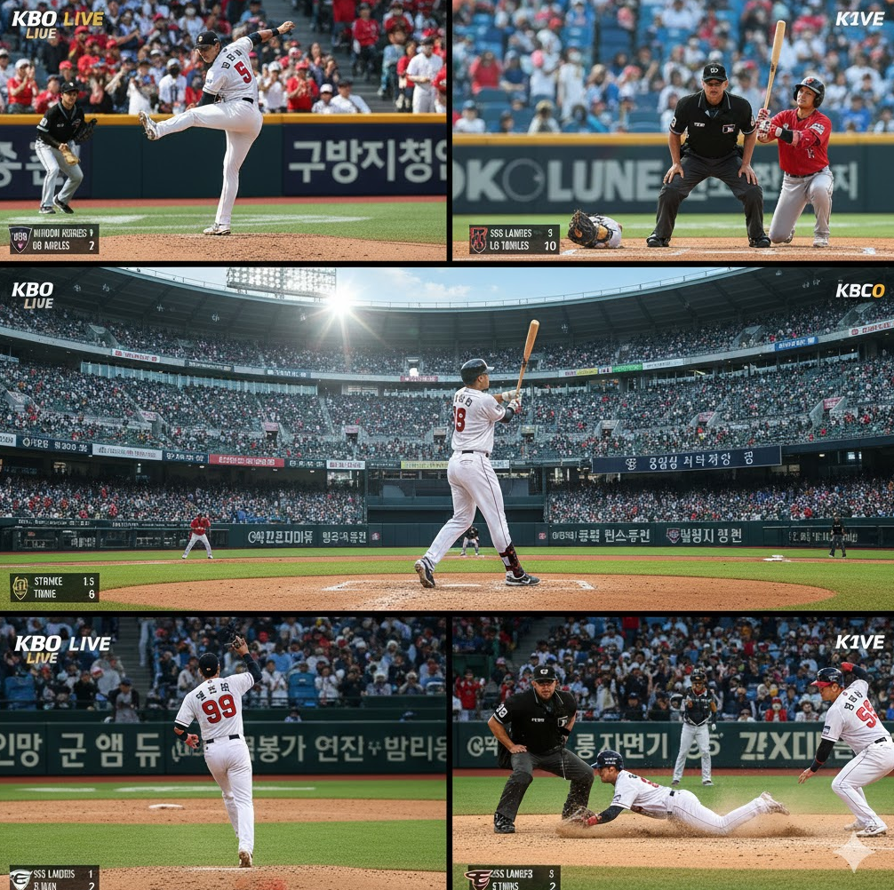 야구 경기 라이브 콜라주. 홈런 스트라이크 클립 모음 액션 샷 흥미 이미지