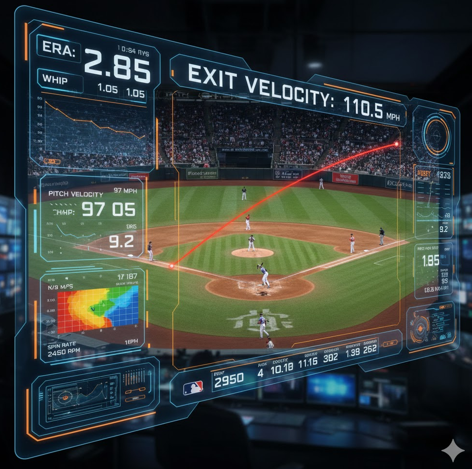 실시간 통계 분석 대시보드 이미지. 야구 경기 화면에 타구 속도 ERA 오버레이된 기술적 이미지