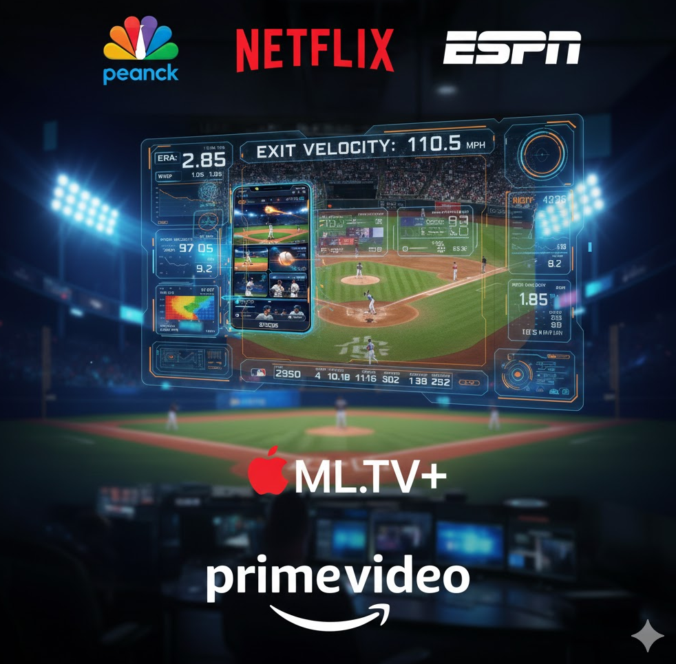 스포츠 스트리밍 플랫폼 로고 콜라주. Peacock Netflix ESPN 아이콘과 야구 중계 화면 포함된 브랜드 이미지