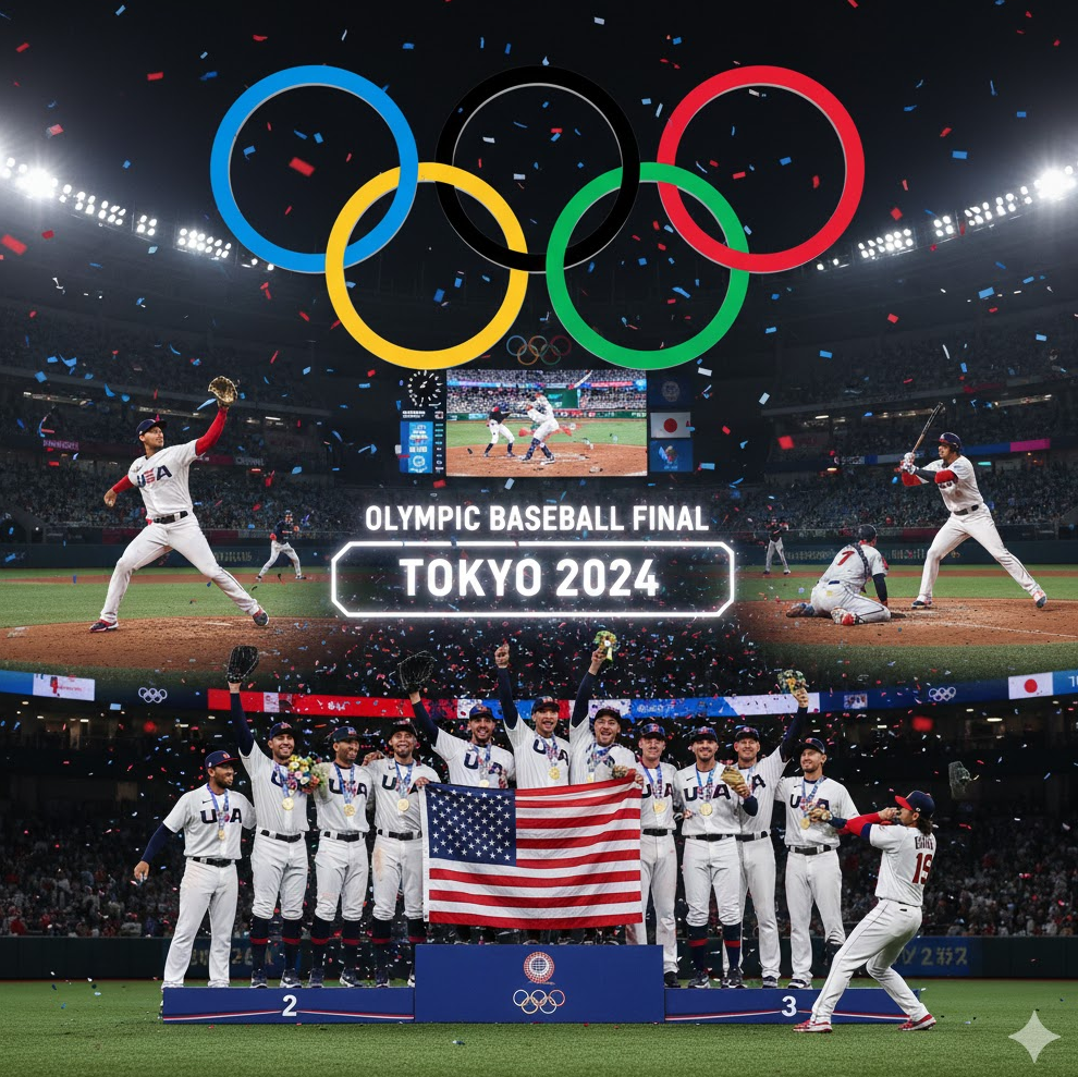 올림픽 야구 중계 장면으로 메달 시상식과 미국 대표팀, 올림픽 링과 야구 경기 결합된 상징적 이미지