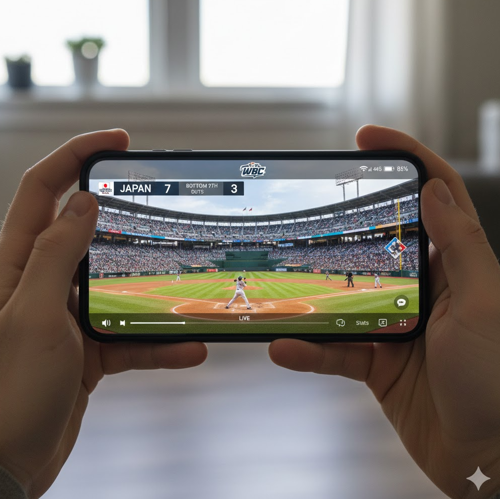 해외 야구 중계 모바일 화면. 스마트폰에 WBC 경기 표시 데이터 아이콘 실용적 이미지