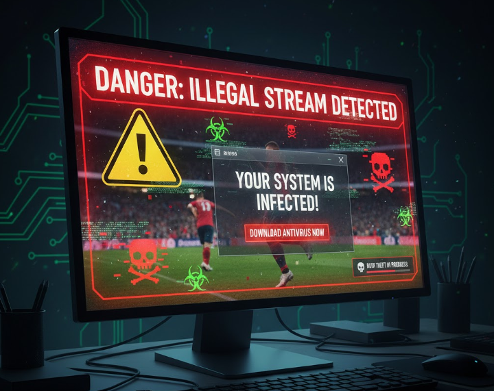불법 스트리밍 사이트의 위험을 상징하는 그래픽