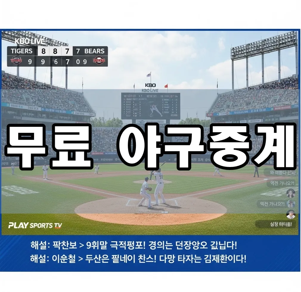 무료 야구중계 플랫폼 화면 캡처로 KBO 경기 라이브 스트리밍 장면, 스코어 보드와 해설 텍스트가 강조된 생동감 있는 이미지. 밝은 경기장 분위기와 팬 함성이 느껴지는 동적 장면