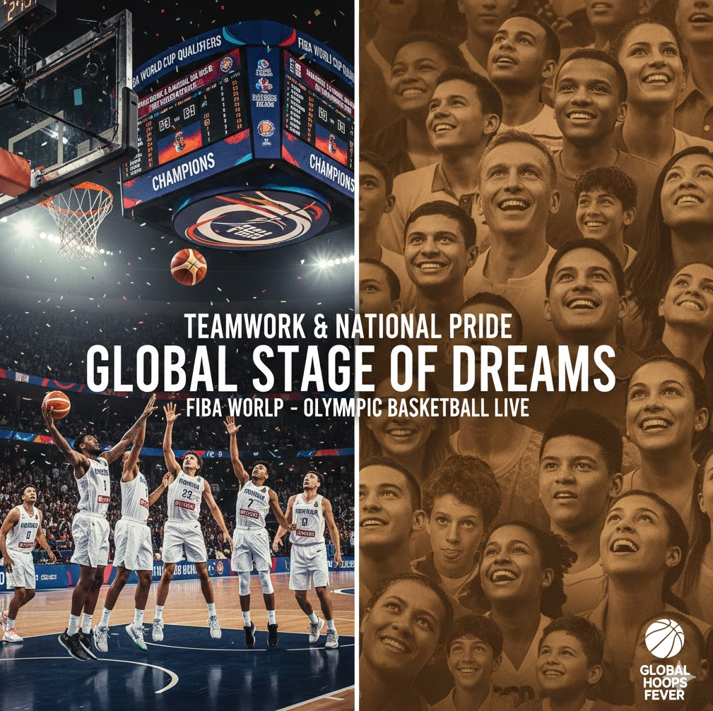 박진감 넘치는 경기 코트와 환호하는 전 세계 팬들의 모습을 반반 대비로 구성하여, 국제 대회가 단순한 경기를 넘어 '꿈의 무대'이자 전 인류의 축제임을 강조합니다.