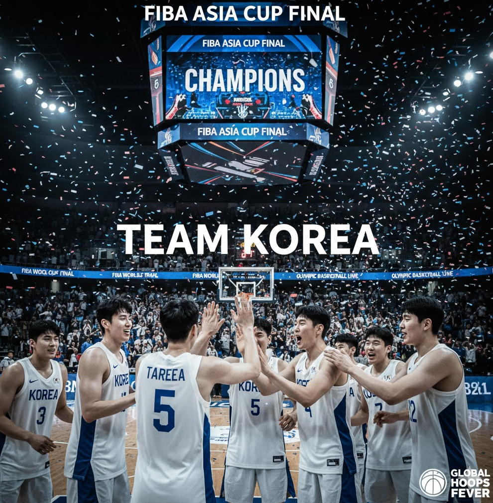 FIBA 아시아컵 결승전 상황을 가정하여, 대한민국 선수들이 하이파이브를 하며 원팀으로 뭉친 감동적인 순간을 포착했습니다. 이는 국제 대회에서만 느낄 수 있는 팀워크와 국가적 자긍심을 상징합니다
