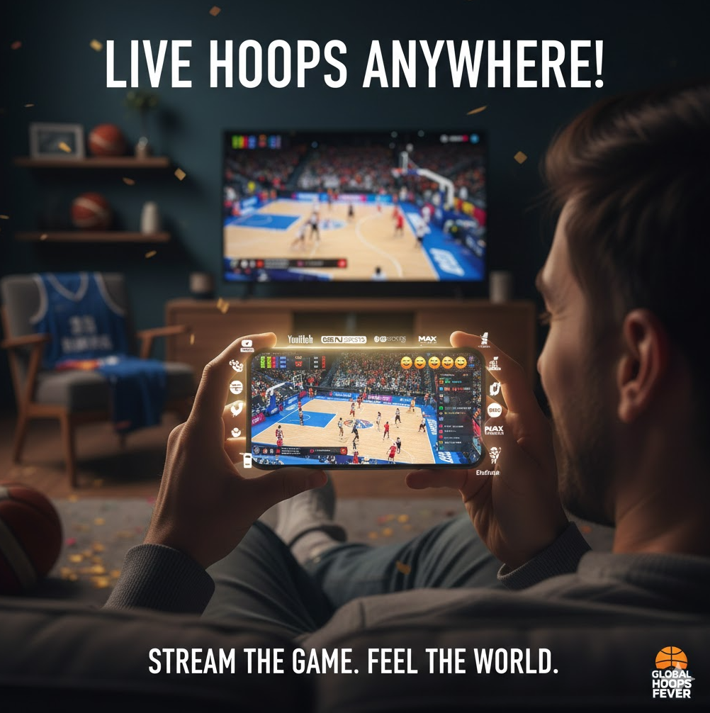 스마트폰과 TV를 통해 실시간으로 경기를 즐기는 현대적인 시청 환경을 묘사합니다. 다