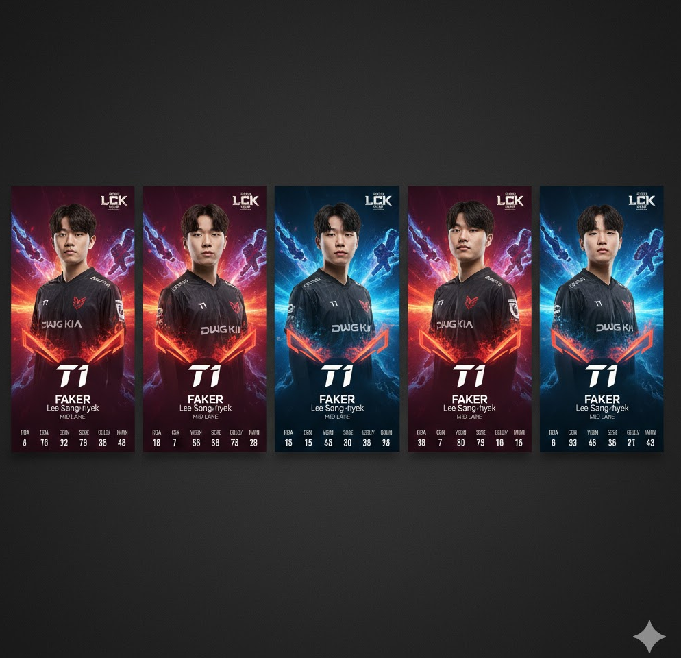 2026 LCK Cup 참가팀 로스터 카드 이미지로, 선수 사진과 포지션, 스탯이 배열된 전문적 디자인. 2026 LCK Cup 참가팀 로스터 카드 이미지로, 선수 사진과 포지션, 스탯이 배열된 전문적 디자인.