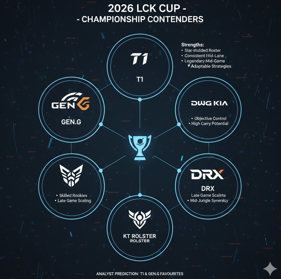 LCK Cup 우승 후보 인포그래픽으로, 팀 로고와 강점 텍스트 배열된 이미지. LCK Cup 우승 후보 인포그래픽으로, 팀 로고와 강점 텍스트 배열된 이미지.
