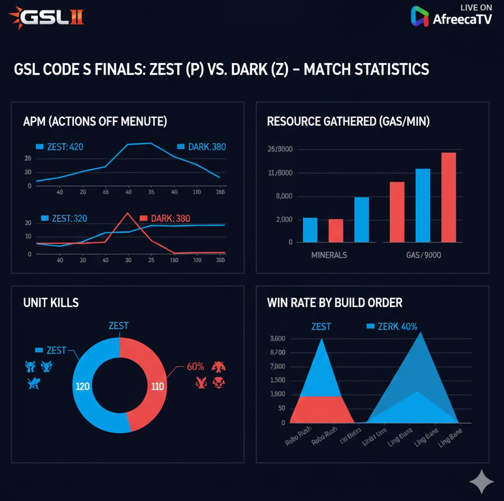 스타2 대회 결과 분석 차트 이미지로, APM·자원·킬·승률 그래프 배열된 데이터 중심 디자인. 