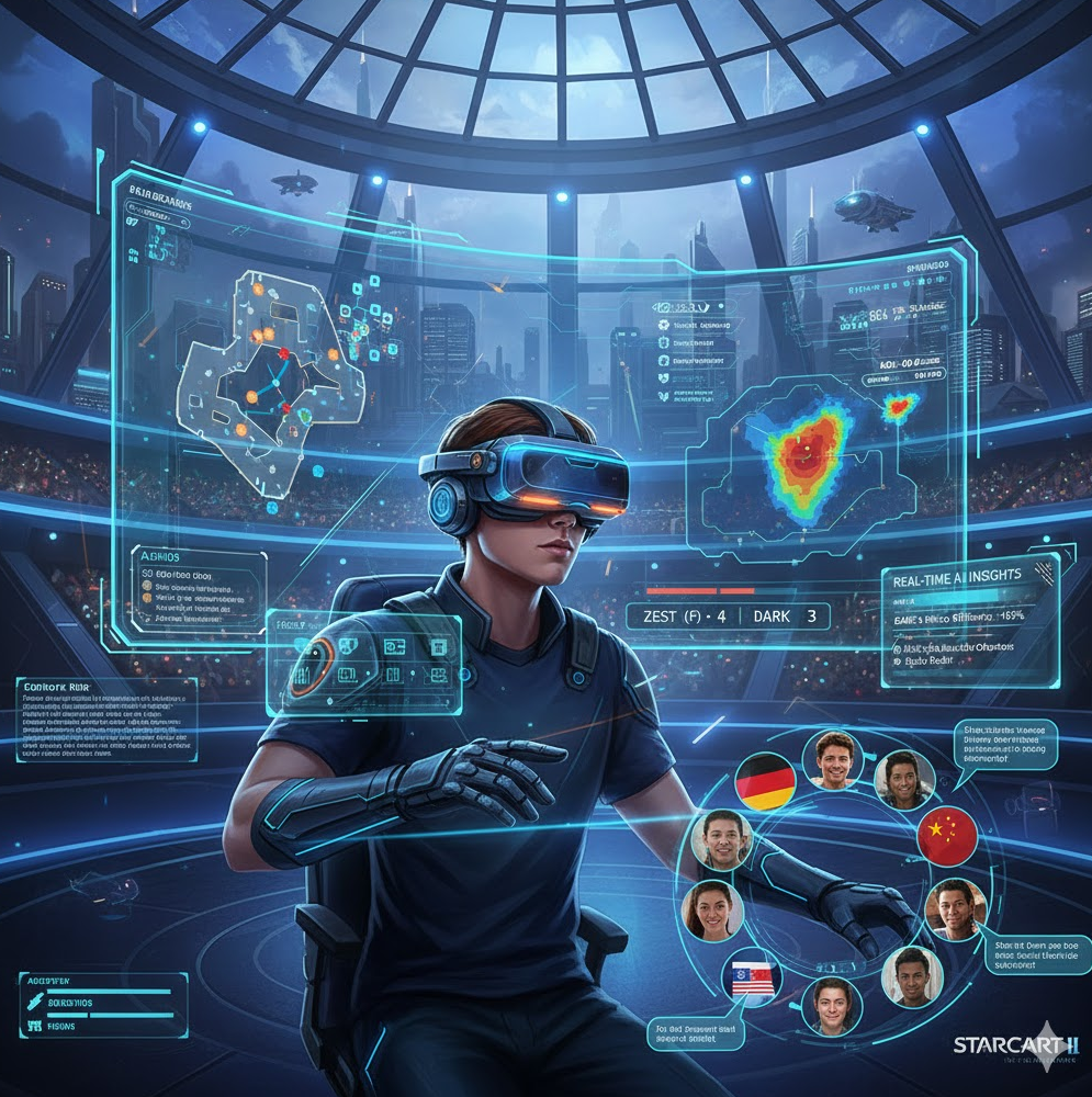  스타2 e스포츠 대회 미래 콘셉트 일러스트로, VR 헤드셋·AI 실시간 분석·글로벌 팬 아이콘 배열된 futuristic 디자인. 