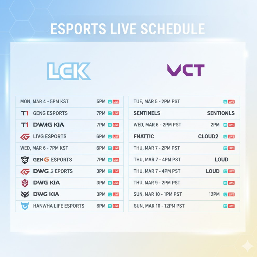롤 e스포츠 생방송 일정 캘린더 이미지로, LCK·VCT 스케줄과 팀 로고 배열된 디자인 롤 e스포츠 생방송 일정 캘린더 이미지로, LCK·VCT 스케줄과 팀 로고 배열된 디자인