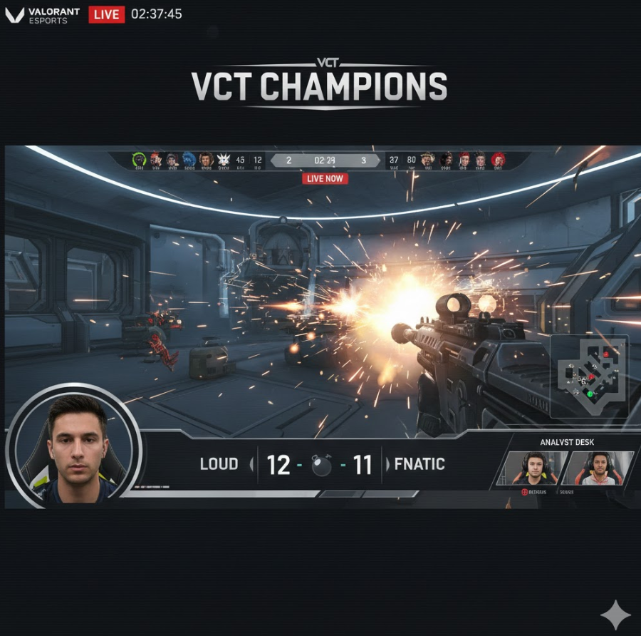 VCT 챔피언스 생중계 화면 스크린샷으로, 경기 액션과 해설 그래픽 배열된 이미지. VCT 챔피언스 생중계 화면 스크린샷으로, 경기 액션과 해설 그래픽 배열된 이미지.