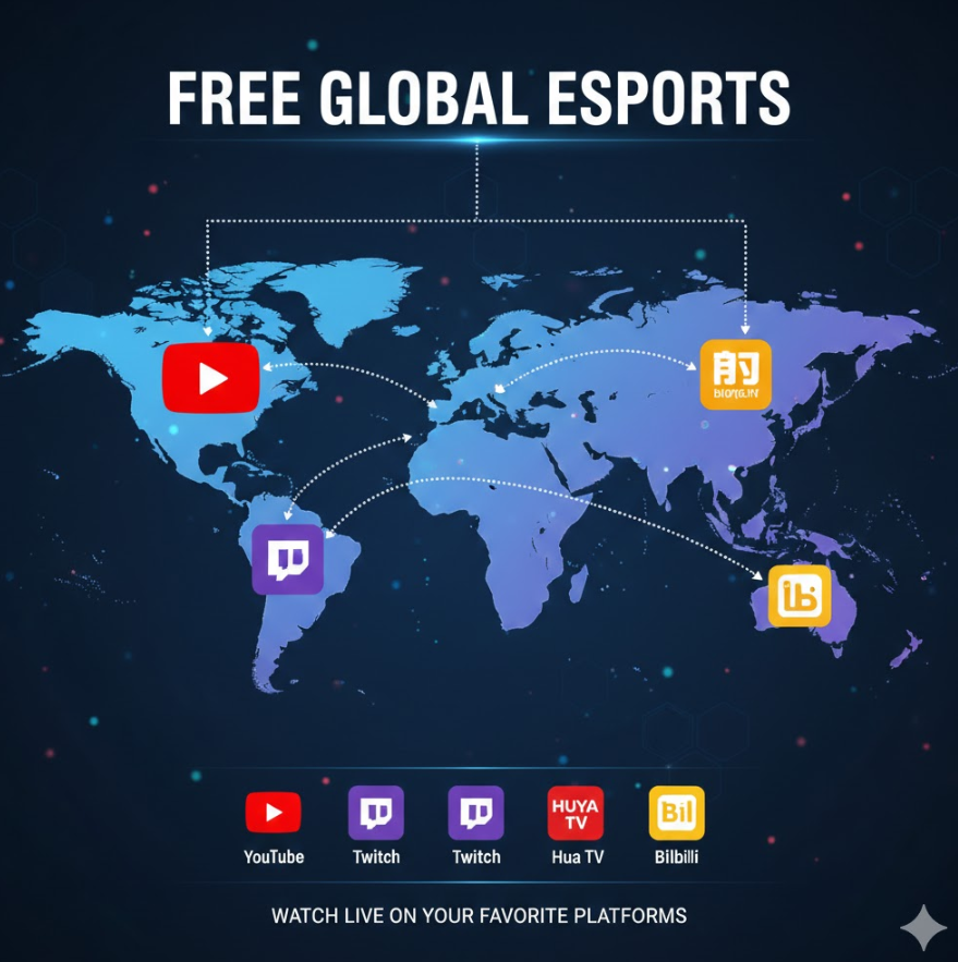 글로벌 e스포츠 무료 관전 인포그래픽으로, 세계 지도와 플랫폼 아이콘 배열된 이미지. 글로벌 e스포츠 무료 관전 인포그래픽으로, 세계 지도와 플랫폼 아이콘 배열된 이미지.