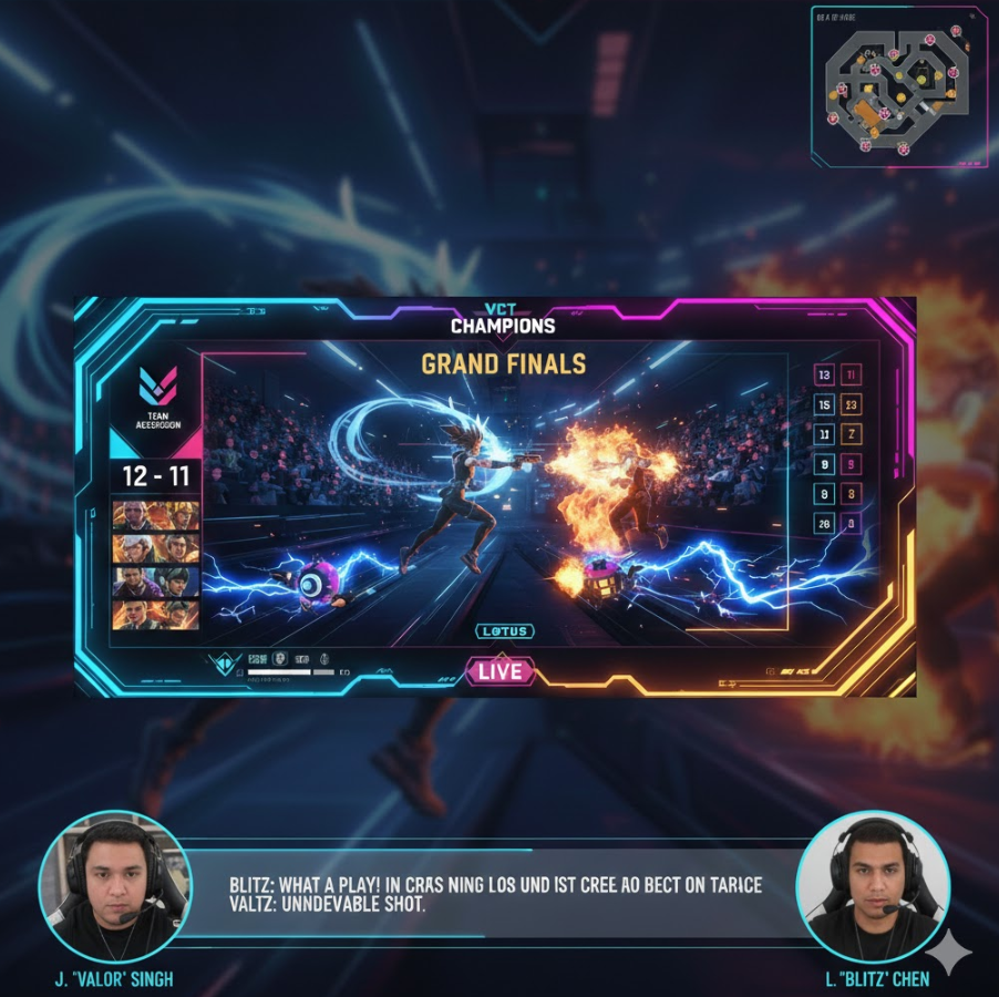 발로란트 VCT 챔피언스 중계 화면 스크린샷으로, 경기 액션과 해설 그래픽 배열된 이미지