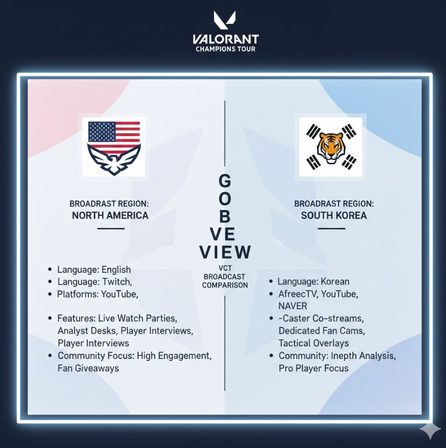 VCT 중계 글로벌 비교 인포그래픽으로, 국가별 아이콘과 방송 특징 텍스트 배열된 이미지