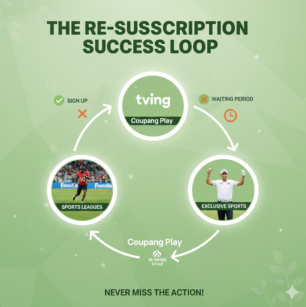 재가입 무한 루프: 그린 톤의 다이어그램은 티빙과 쿠팡플레이 사이를 오가는 ‘재가입 사이클’을 보여주며, 특정 시즌에 맞춘 합리적인 구독 패턴을 ‘성공적인 루프’로 묘사합니다.