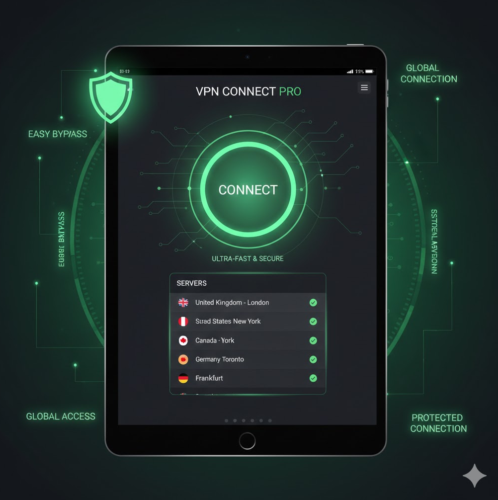 직관적인 'CONNECT' 버튼과 영국, 미국 등 주요 국가의 서버 목록을 배치하여 초보자도 클릭 한 번으로 해외 축구(EPL)나 UFC 중계에 쉽게 접속할 수 있음을 강조합니다.