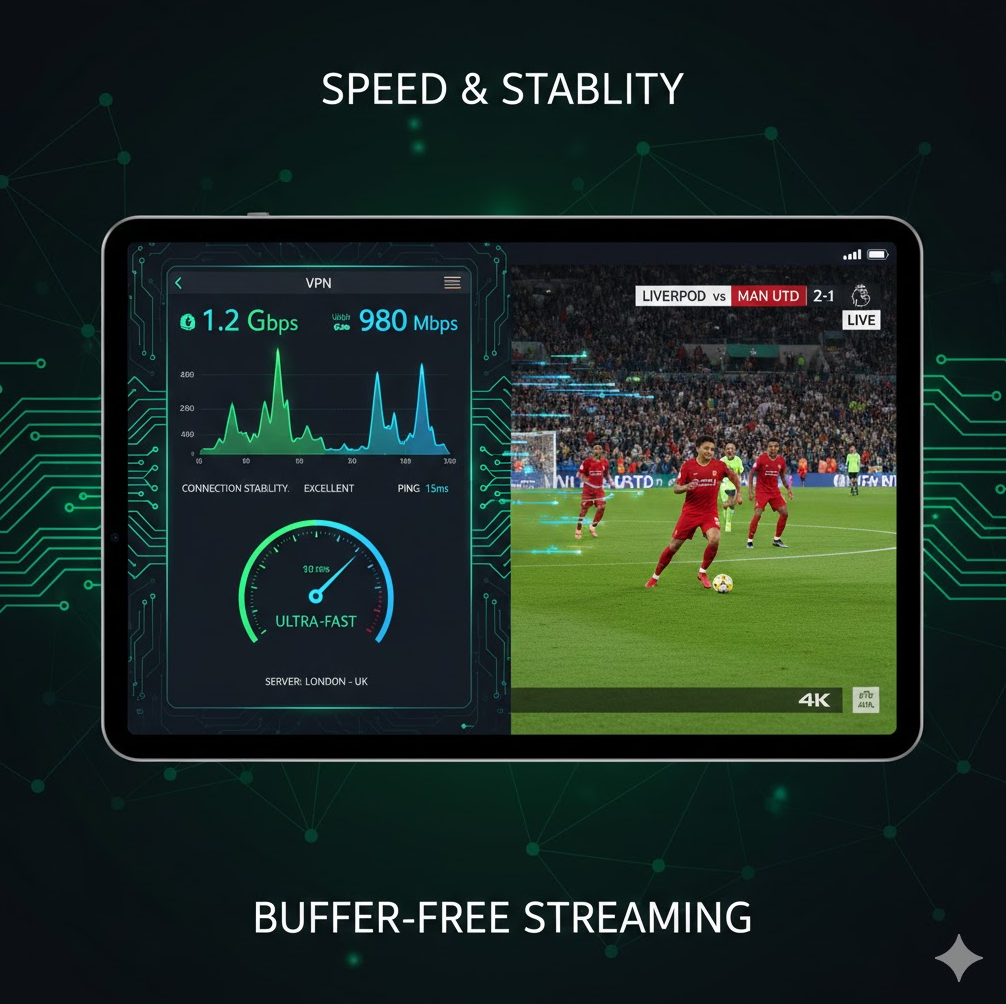 1.2 Gbps에 달하는 압도적인 속도 그래프와 실제 경기 화면을 나란히 배치하여, 4K 고화질 스트리밍에서도 버퍼링 없는 안정성을 증명합니다.

🔒 유료 VPN의 가치와 보안