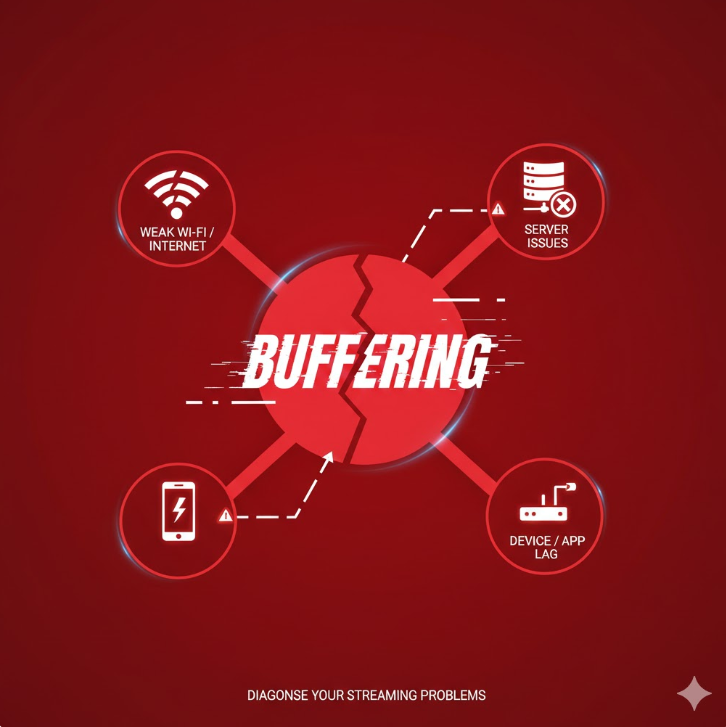 문제 진단 및 원인 파악: 빨간색 배경의 다이어그램은 와이파이 신호 약화, 서버 문제, 기기 지연 등 버퍼링의 근본 원인을 직관적으로 보여주며 문제 해결의 시작점을 강조합니다. 문제 진단 및 원인 파악: 빨간색 배경의 다이어그램은 와이파이 신호 약화, 서버 문제, 기기 지연 등 버퍼링의 근본 원인을 직관적으로 보여주며 문제 해결의 시작점을 강조합니다.