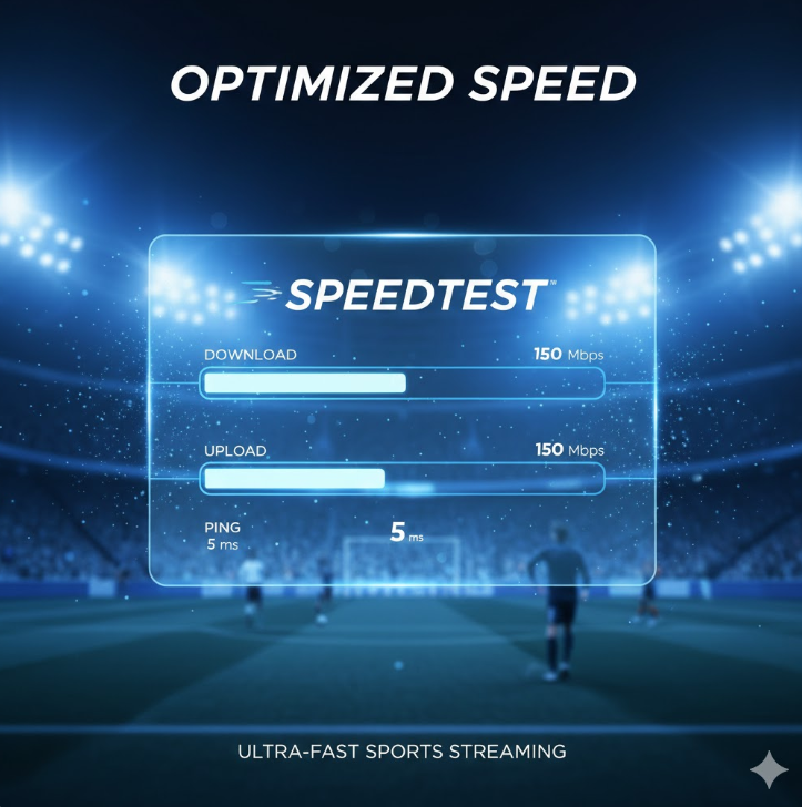 네트워크 최적화: 'Speedtest' 결과 화면과 축구 경기장을 결합한 이미지는 실시간 스트리밍에 필요한 업·다운로드 속도와 핑(Ping) 값을 시각화하여 최적의 연결 상태를 제시합니다. 네트워크 최적화: 'Speedtest' 결과 화면과 축구 경기장을 결합한 이미지는 실시간 스트리밍에 필요한 업·다운로드 속도와 핑(Ping) 값을 시각화하여 최적의 연결 상태를 제시합니다.